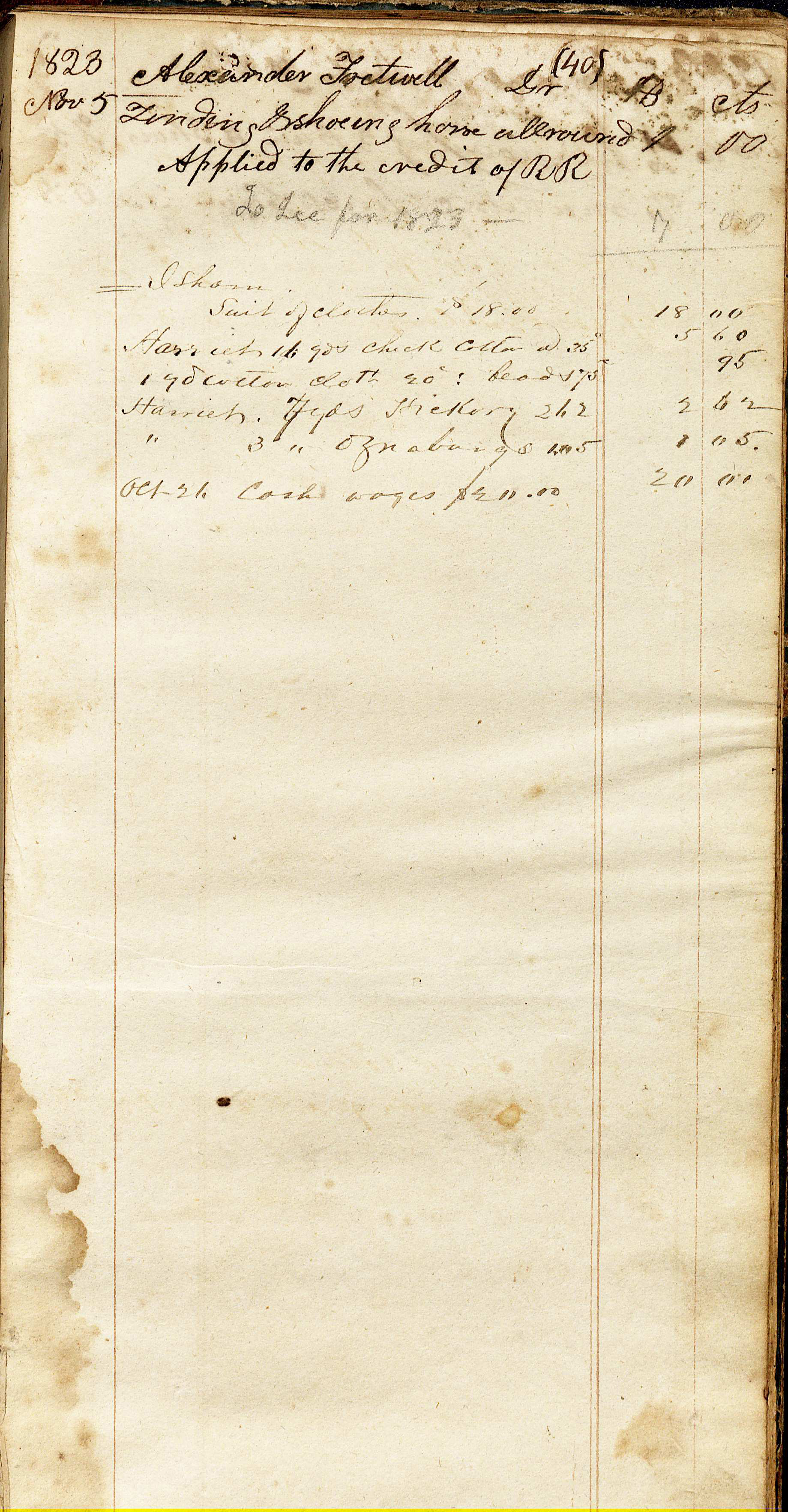 On this page of the Rives account book, opposite of  Nicey's entry is written the name Isham and under the name "suit of clothes $18.00. The entry dates listed on 1823 but the entry was to have been made much later. Most likely sometime in the 1840's Robert Rives Blacksmith Shop Account Book, 1823; 1843-1846, Accession #4655 (Image by Regina Rush)