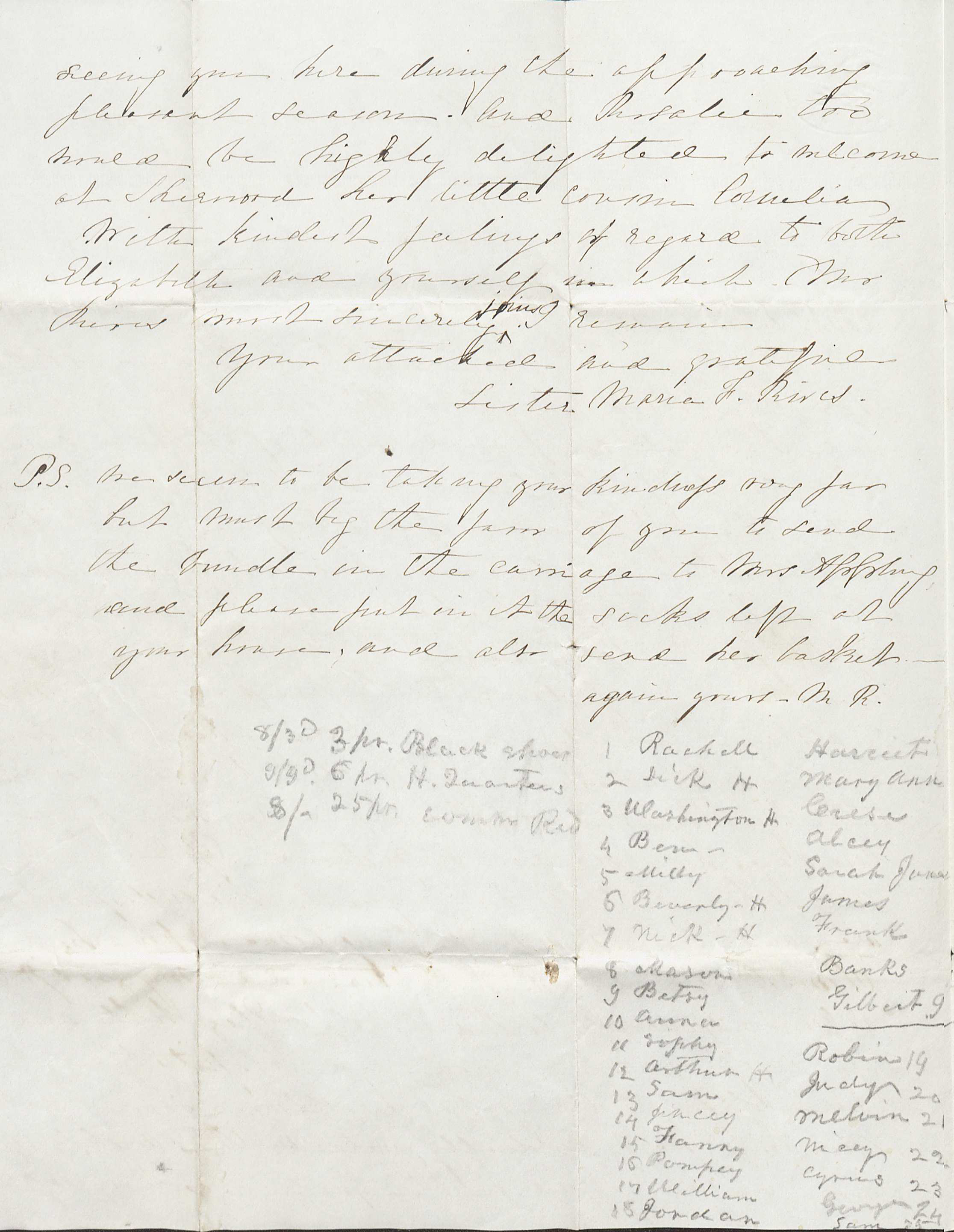 March 24, 1851 letter to Robert Rives Jr.  from his sister- in- law, Maria Rives.  In the letter Maria writes about a recent visit to Rives and his family at their home called Oakland,  and the declining health of his brother George.  The contents of the letter has no connection to the list found at the bottom of page two. Rives uses the bottom of the page as scratch paper to list the names of 34 of his slaves and supplies purchased for them. The number 22 on the list is my great-great grandmother, Nicey Ann Coles. (Image by Regina Rush)