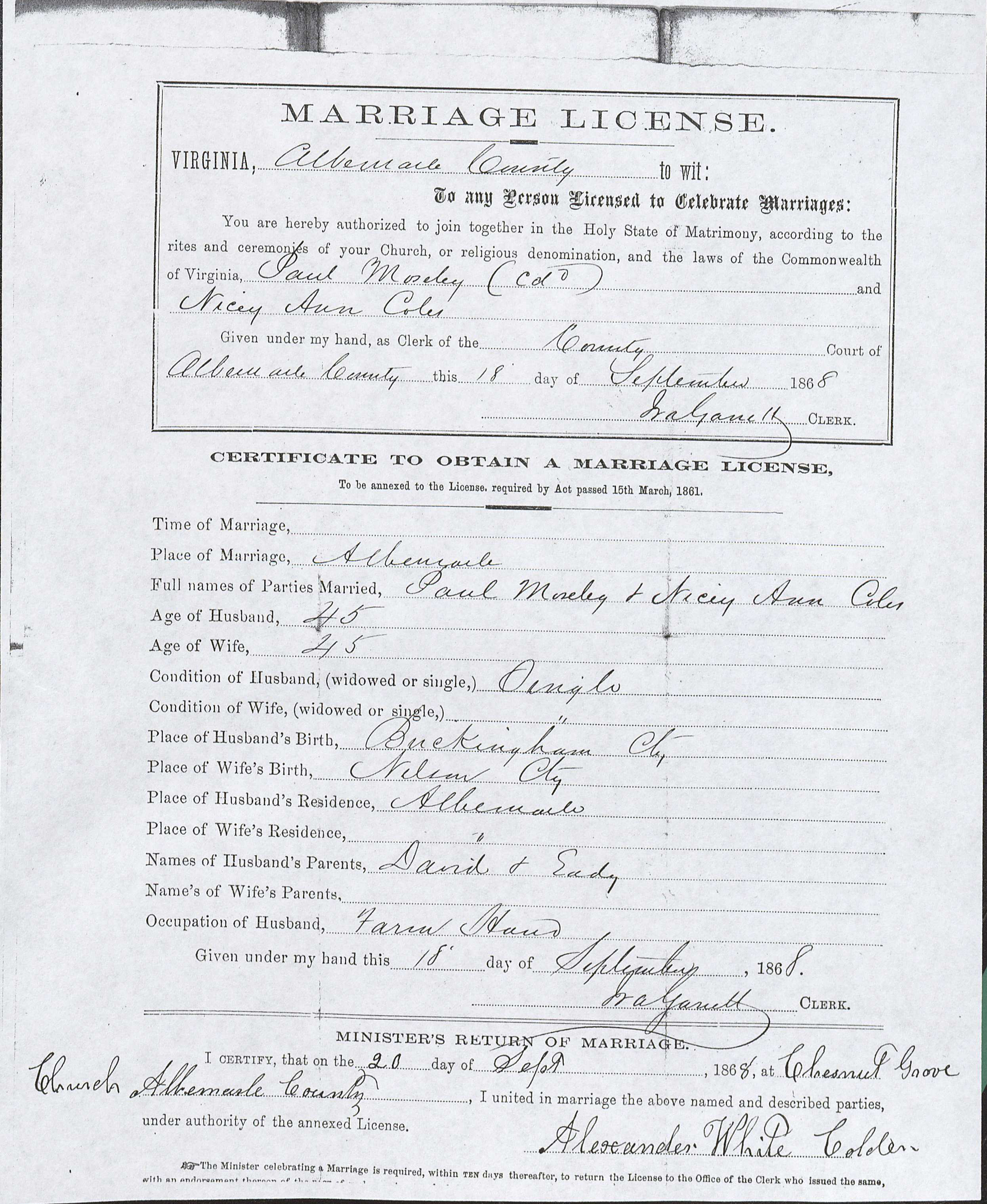 Marriage license of Nicey Ann Coles and Paul Moseley, September 18, 1868. Courtesy of the Albemarle County Courthouse, Charlottesville, Virginia, 22902 (Image by Regina Rush)