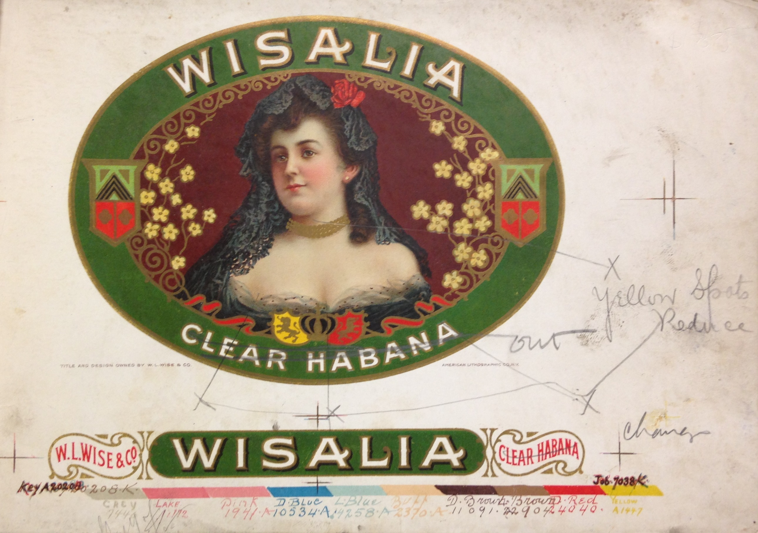 Proof of a 10-color chromolithographed cigar box label, marked up for correction (NE2515 .A54 1900)