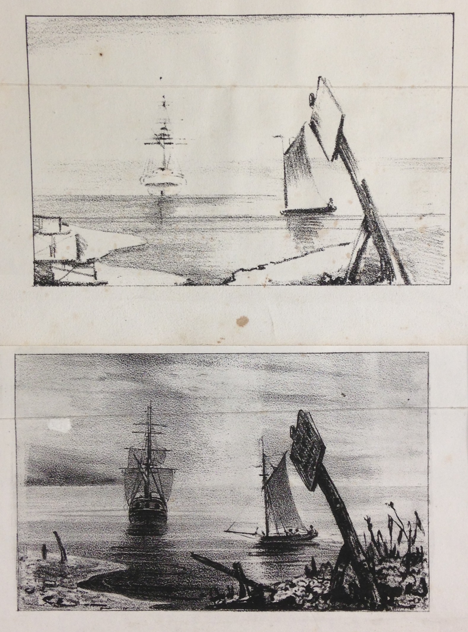 Two stages in the creation of a lithographic image, from Alphonse Chevallier, Mémoire sur l’art du lithographe (Paris, [1829])  (NE2420 .C54 1829)