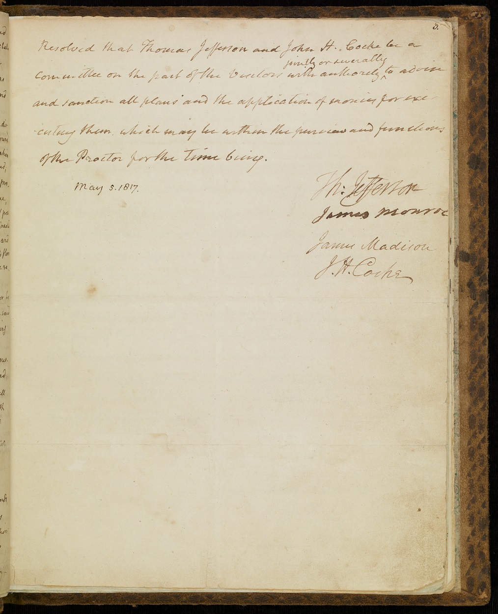 Page three of the Minute Book of the Board of Visitors, written in Jefferson's hand and signed by 