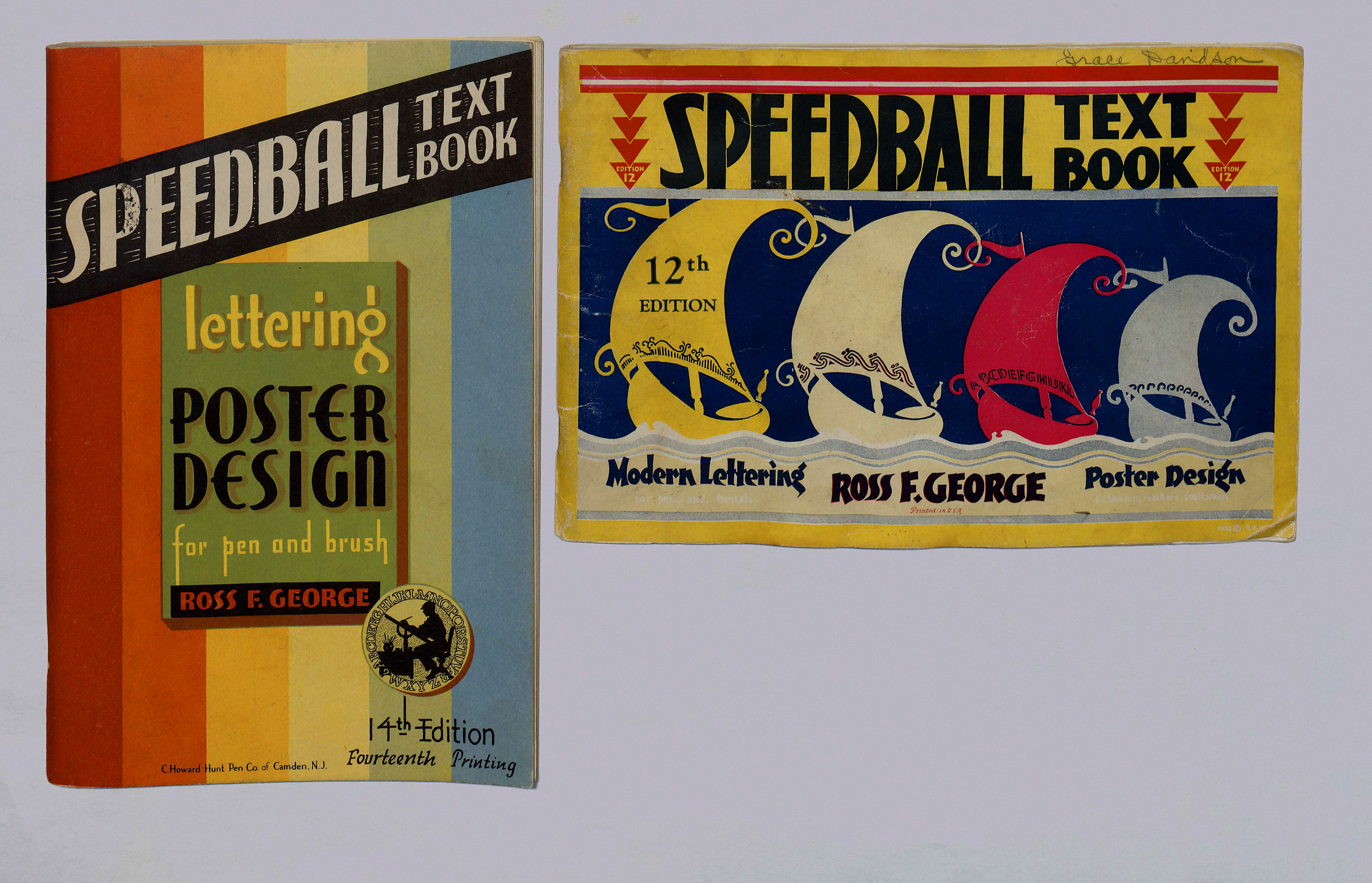 Two scarce instruction books produced by the Speedball pen company, still in operation today. The company name reflects its origins: Speedball began as a specialty company producing nibbed pens specifically for the quick work of show card lettering. 