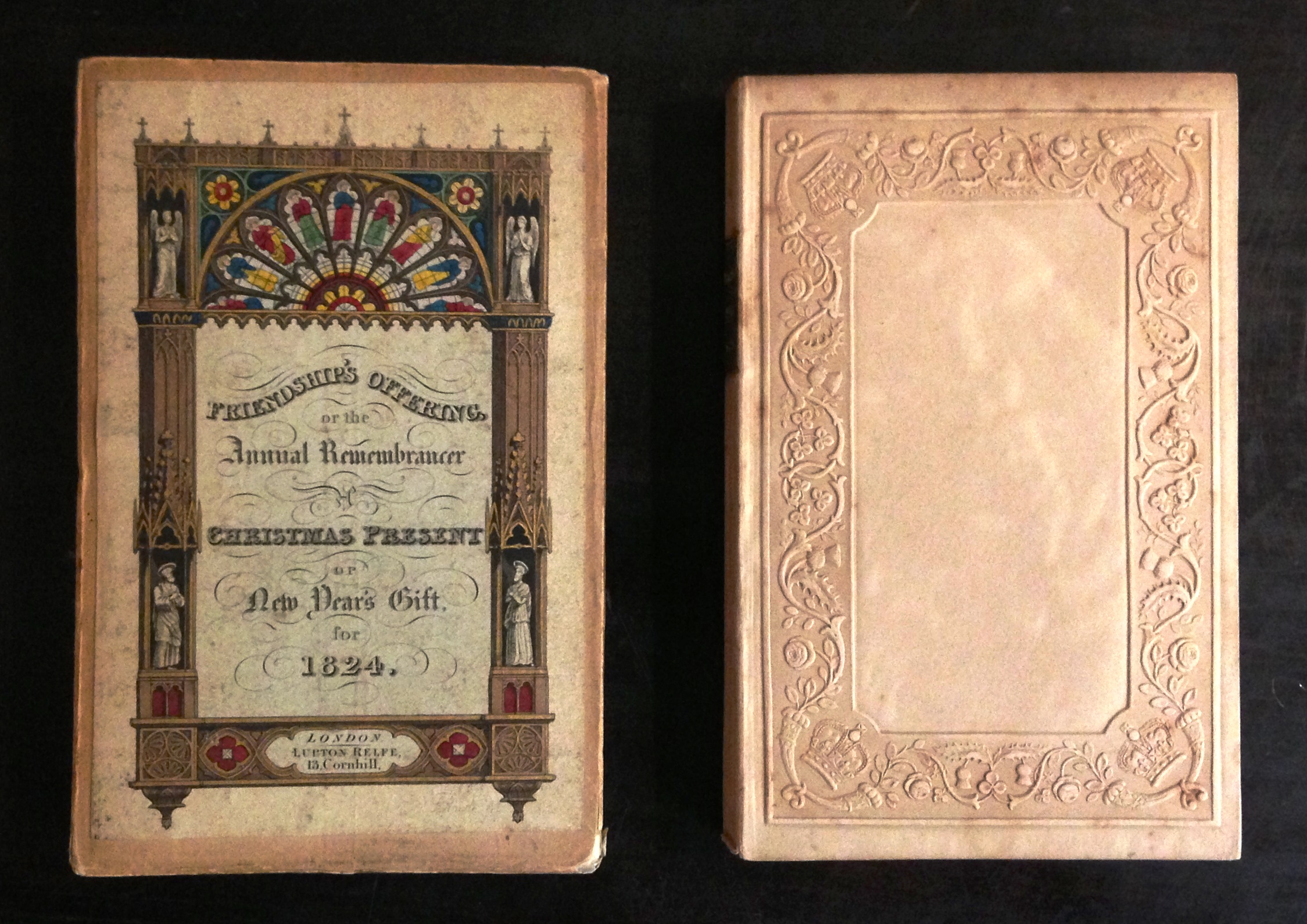 Friendship's Offering, or the Annual Remembrancer, a Christmas Present or New Year's Gift (London: Lupton Relfe, 1823) was one of the earliest English "gift books," The fragile binding of embossed paper boards was given added protection (and a marketing boost) by a protective cardboard case, onto which was pasted a hand-colored engraved title.