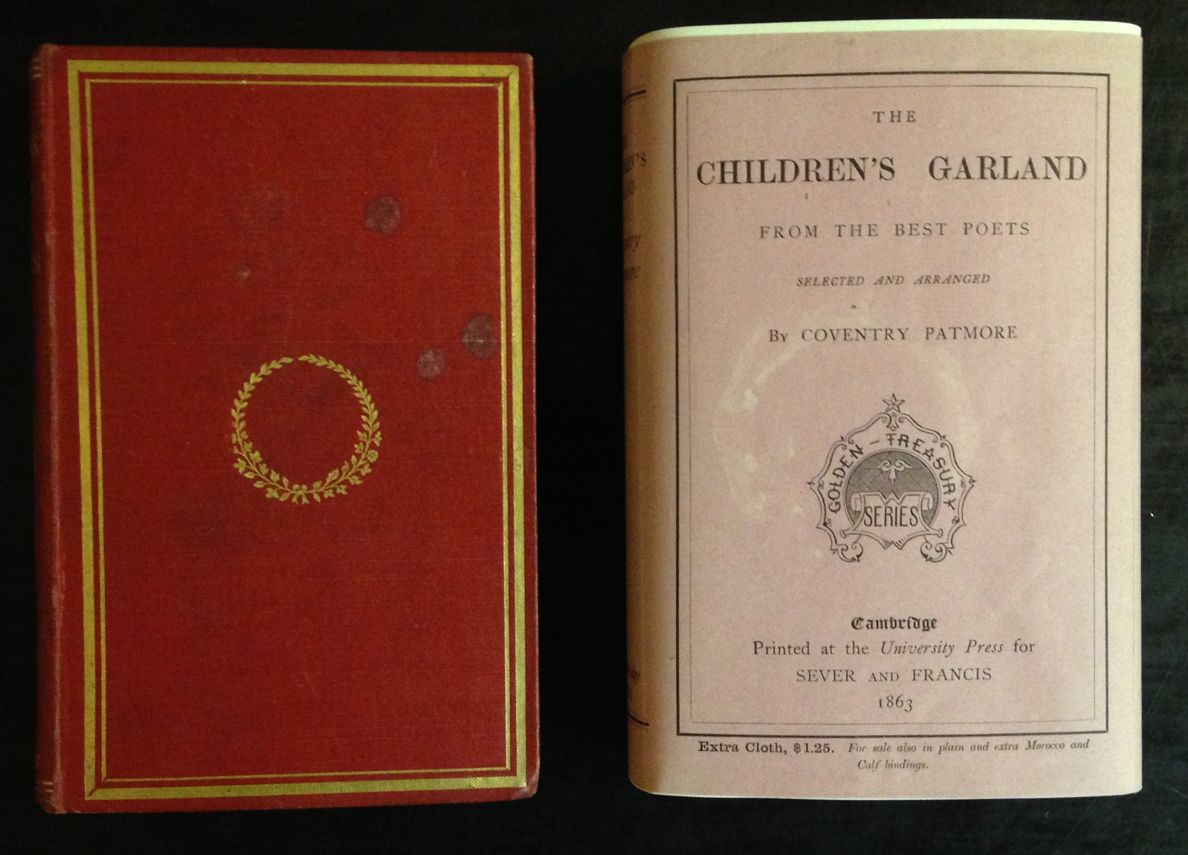 A fine example of one of the earliest surviving American dust jackets. The Children's Garland from the Best Poets (Cambridge, Mass.: Sever and Francis, 1863) was issued in several binding styles, as advertised on the front of the dust jacket; this copy is bound in "extra cloth" and was priced at $1.25. The fragile jacket is printed on the spine and front panel only, and it is in the form of a wrap-around band sealed on the reverse. This example was torn open rather than slipped off the book, but otherwise it has been carefully preserved.