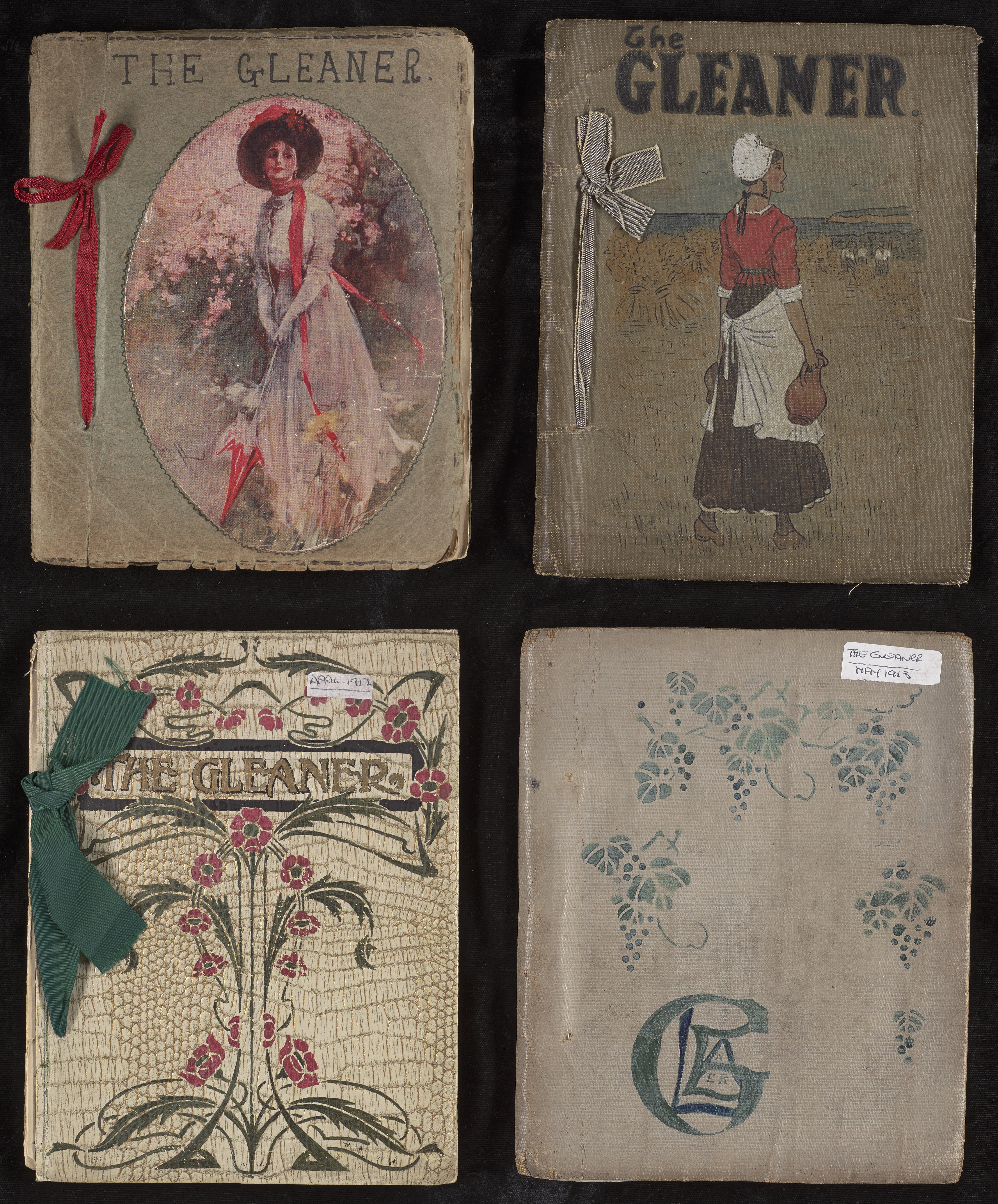 Caption 1: Cover designs for The Gleaner were contributed by members. These four early issues date from 1910-13. (Not yet cataloged, Library Associates Endowment Fund.)