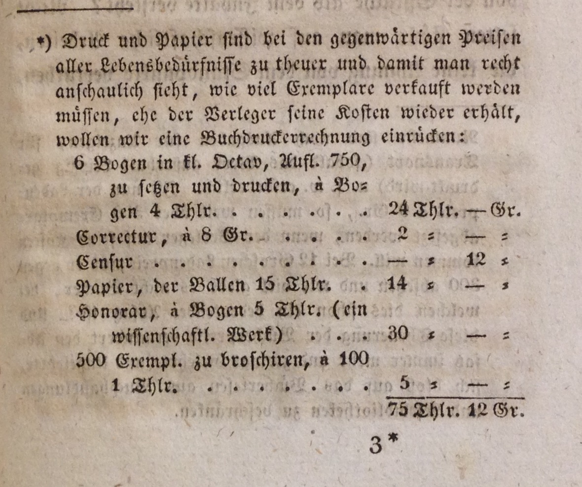 What it cost in 1825 to publish 750 copies of a 96-page octavo book in Leipzig; from Johann Adam Bergk's Der Buchhändler oder Anweisung, wie man durch den Buchhandel zu Ansehen und Vermögen kommen kann (Leipzig, 1825).     (Z 313 .B474 1825)