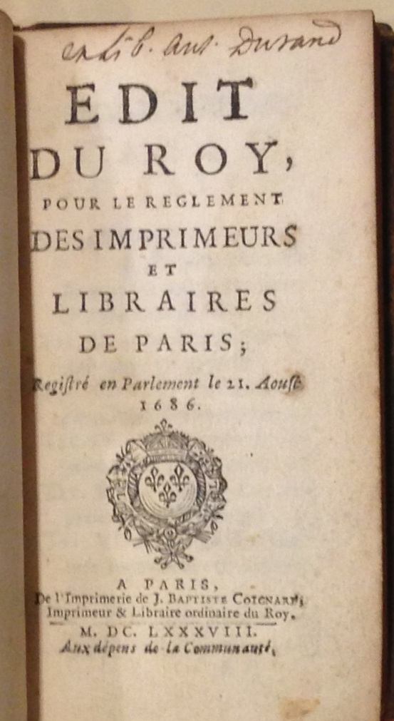 Rules to live by: a comprehensive set of regulations governing all members of the Paris book trades. Published in 1688 in a small format suitable for carrying around in one's pocket.     (Mini KJV 5973 .A35 1688)