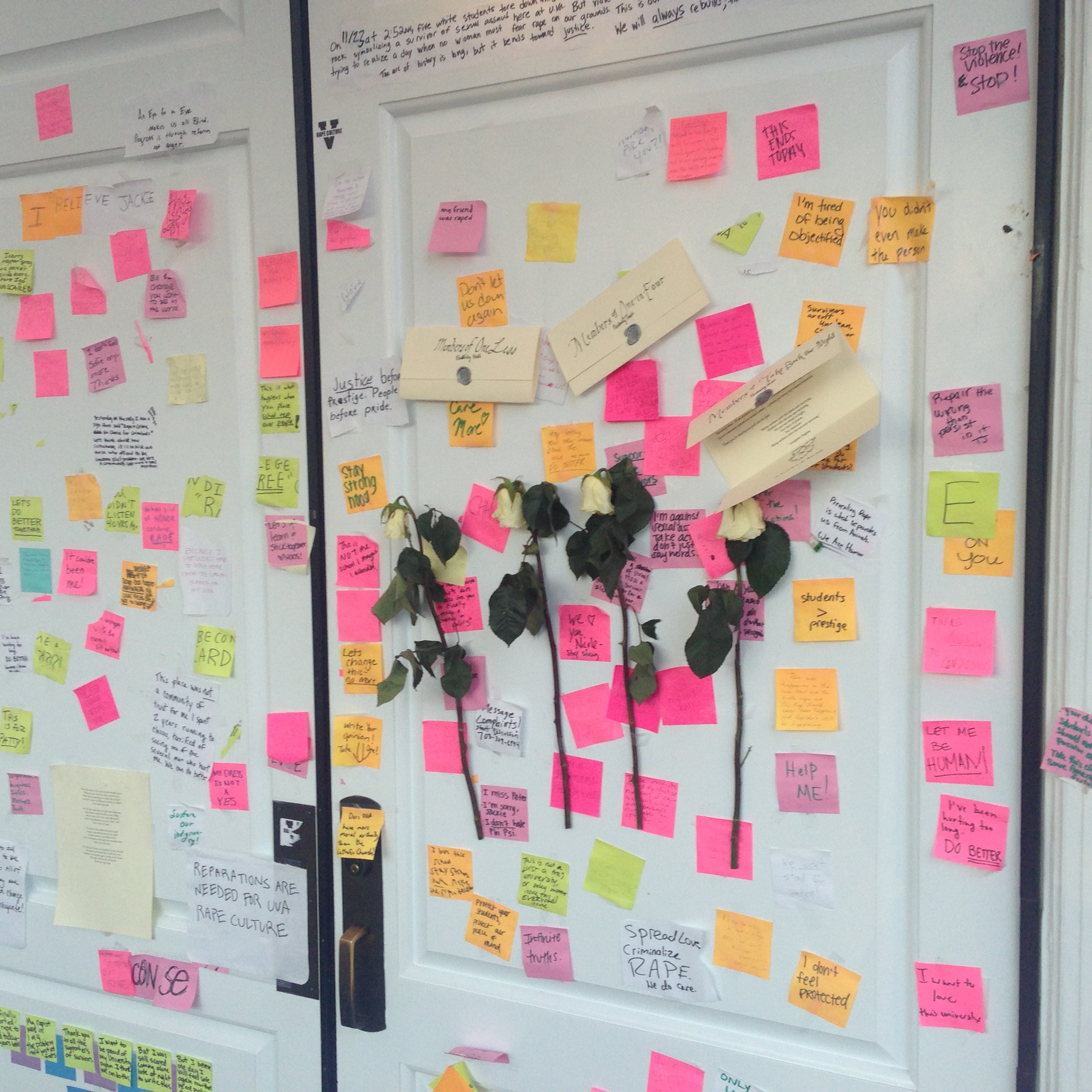 Display of Notes on the doors of Peabody Hall, 10 December 2014. (Photograph taken by Edward Gaynor.).