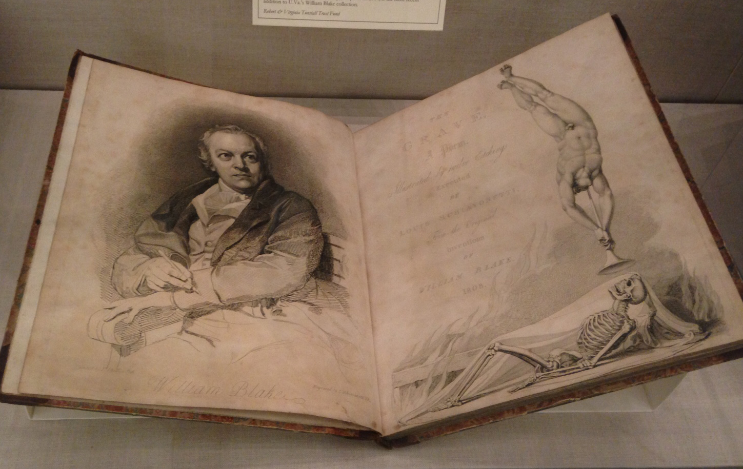 The engraved frontispiece and title page to Robert Blair, The Grave: a poem (London: T. Bensley for R. H. Cromek, 1808), illustrated by William Blake. The portrait of Blake at the age of 48 was engraved after a painting by Thomas Phillips.