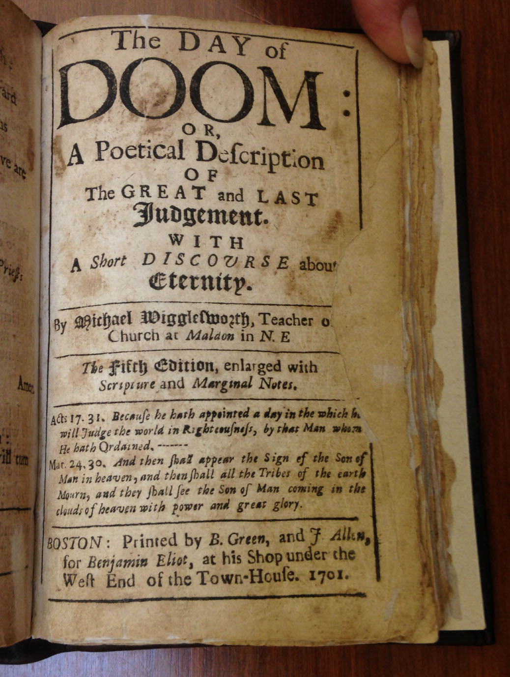The title page to Michael Wigglesworth's The Day of Doom (Boston, 1701). It is bound, as issued, following the second edition of Wigglesworth's other verse collection, Meat Out of the Eater (Boston, 1689).