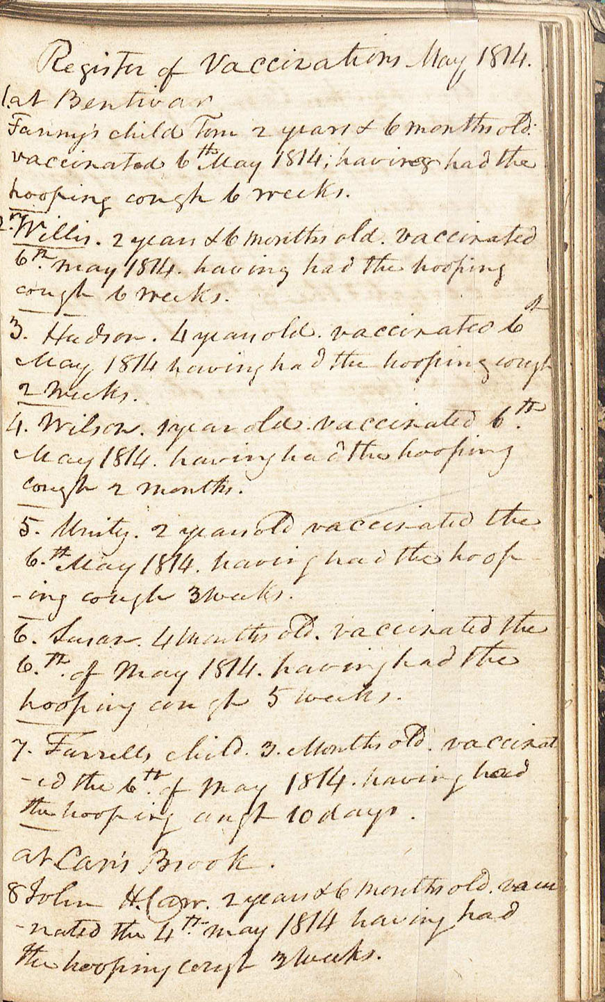 Frank Carr's Journal and Commonplace Book, 1810-1838 (MSS 15444)  C. Venable Minor Endowment Fund, 2012/2013. This is the personal journal of Frank Carr, which includes a register of vaccinations during May, 1814 and an extensive description of a man’s case of hydrophobia.  