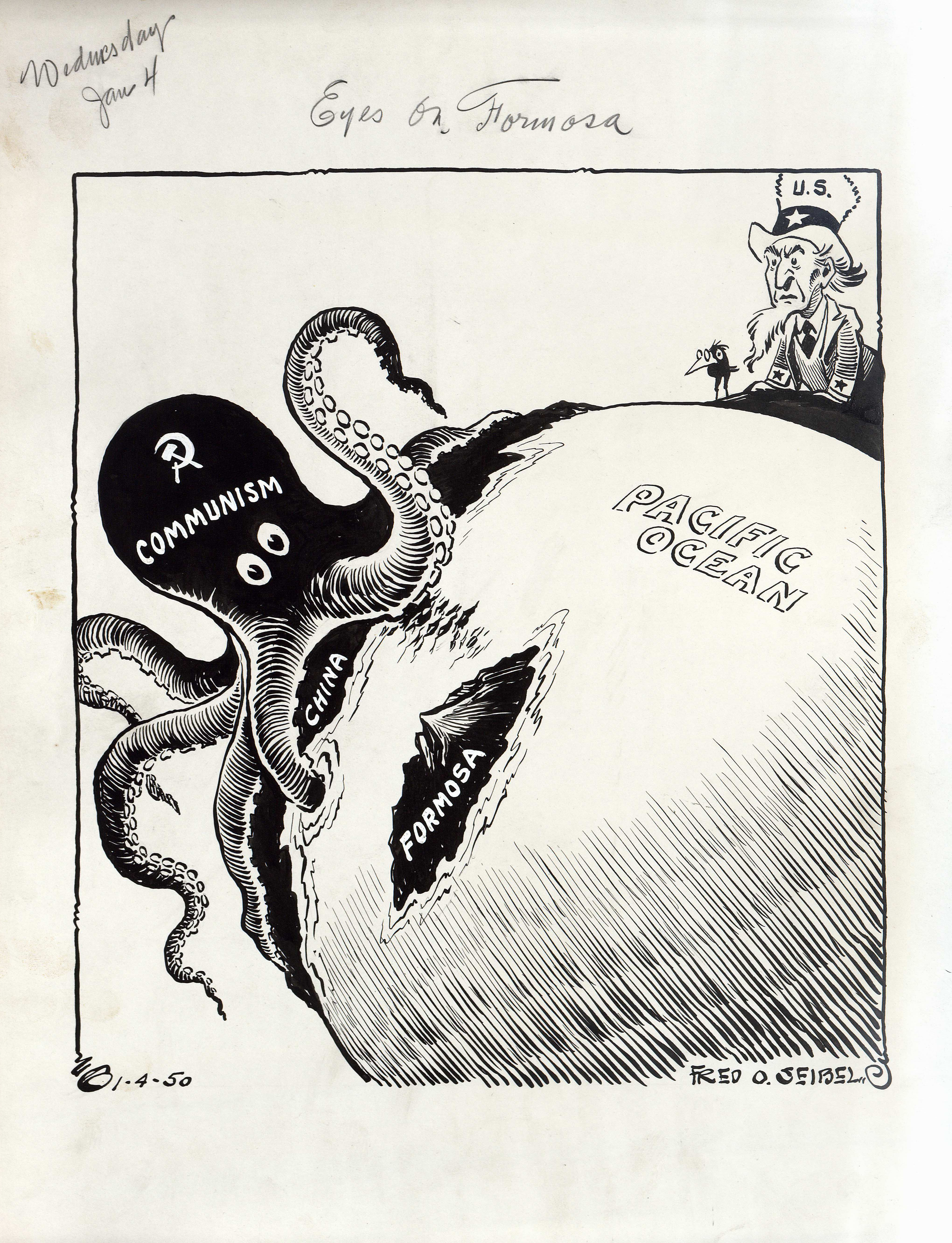 Siebel, Fred O. "Eyes on Formosa." Richmond Times Dispatch. 1 Jan. 1950. Original drawing by Fred Seibel. Published in the Richmond Times Dispatch, this cartoon, drawn by Fred Siebel, is a piece of American anti-communist propaganda and political commentary. The depiction of communism as a gigantic octopus, embossed the Soviet Union’s hammer and sickle, is a clear statement of the American perspective of communism as an expansionary threat to the world. The cartoon is intending to convey the intent of the communists specifically in China of taking over the island of Formosa, now known as Taiwan.    (still need permission)