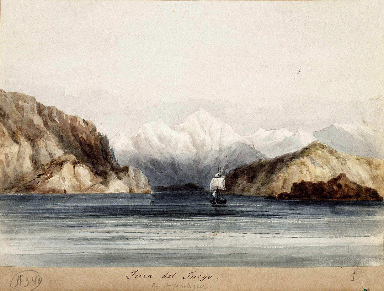 Martens, Conrad. Terra Del Fuego: H.M.S. Beagle Under the Land, ca. 1834.  (MSS 3314)  Paul Victorius Evolution Collection This watercolor of the H.M.S. Beagle reflects the ship landing in Tierra Del Fuego, a South American archipelago. Darwin developed many of his early evolutionist theories during his almost five-year expedition on this ship. Darwin discusses some of his findings from the expedition in his book The Voyage of the Beagle. 