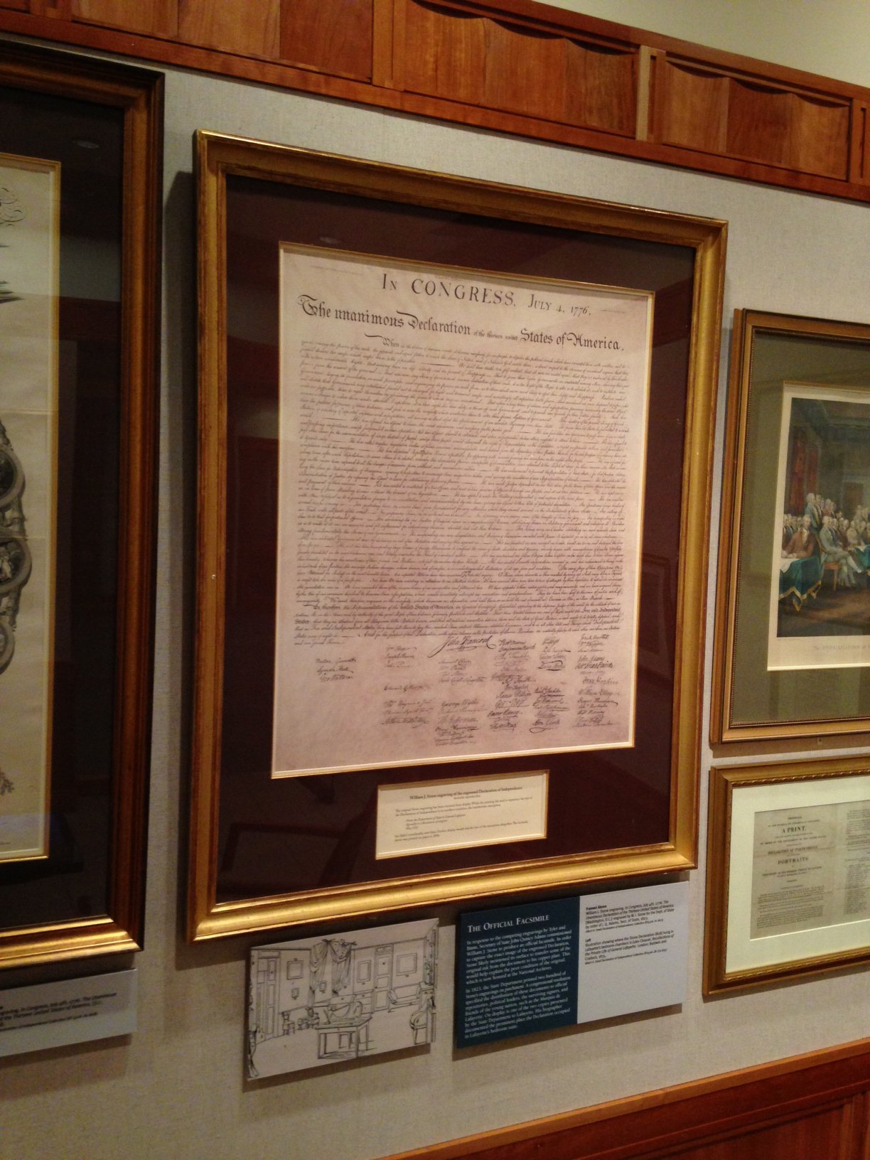 The Marquis de Lafayette - Albert H. Small copy of the 1823 "Stone" facsimile of the Declaration of Independence, on display in the Small Special Collections Library's Declaration Exhibition Gallery.   (KF4506 .A1 1823; Gift of Albert H. Small)