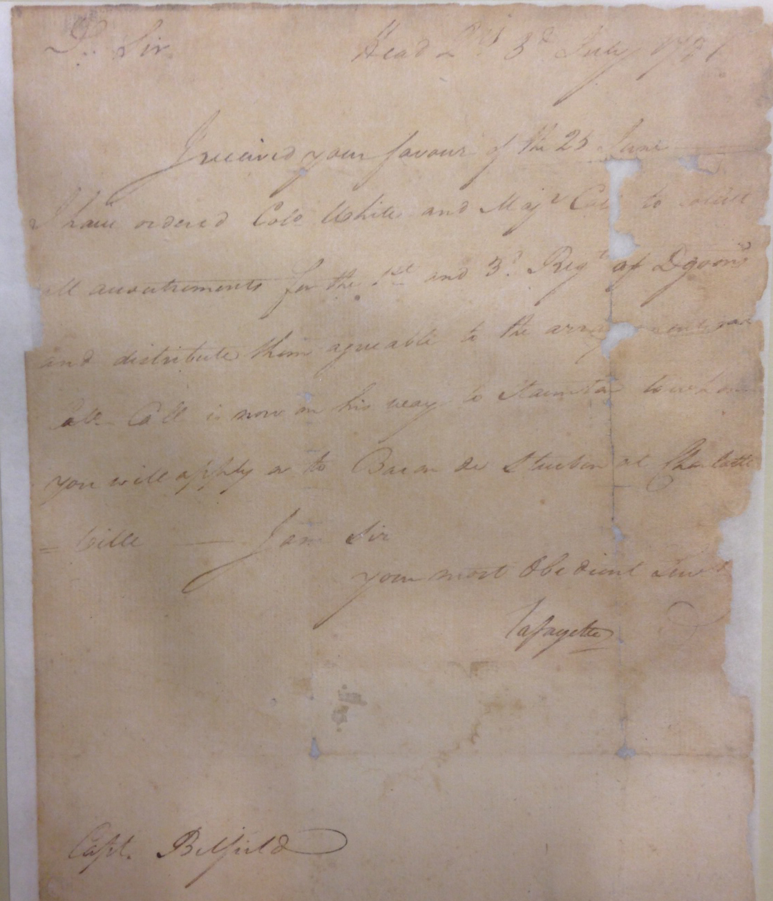 Lafayette sends orders to Capt. Belfield in Staunton, Va., July 3, 1781.   (MSS 8097)