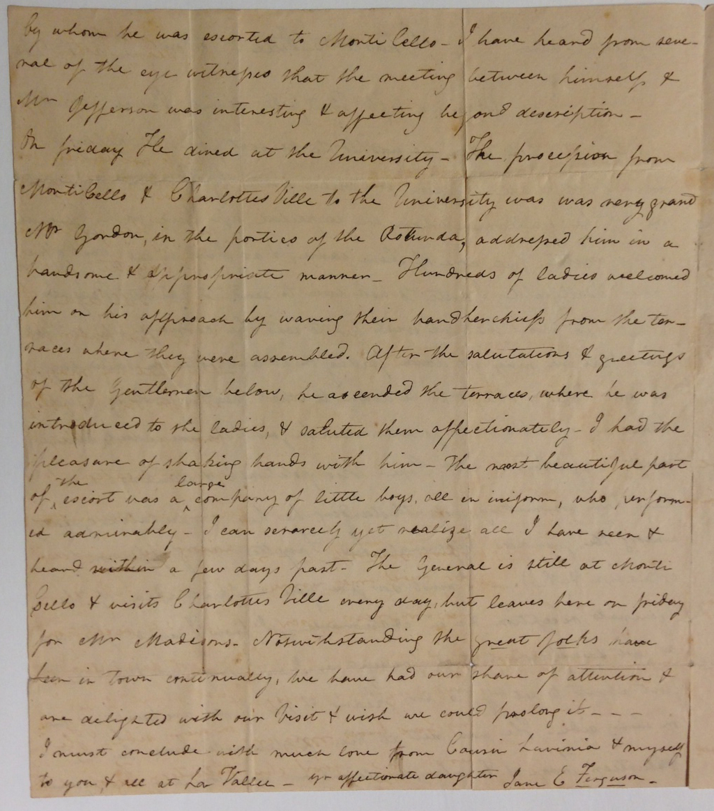 Jane E. Ferguson's account of Lafayette's reception at the U.Va. Rotunda on November 8, 1824.   (MSS 38-122-a)
