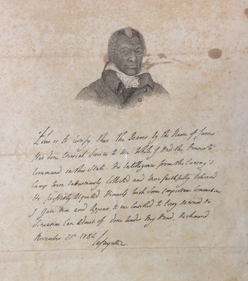 An engraved facsimile, ca. 1824, of Lafayette's 1784 testimonial letter on behalf of James Armistead Lafayette, with added portrait.   (Broadside 1824 .L25)