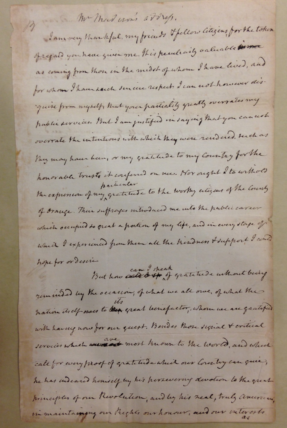 James Madison's remarks introducing Lafayette to the citizens of Orange, Va., November 25, 1824.   (MSS 4677)