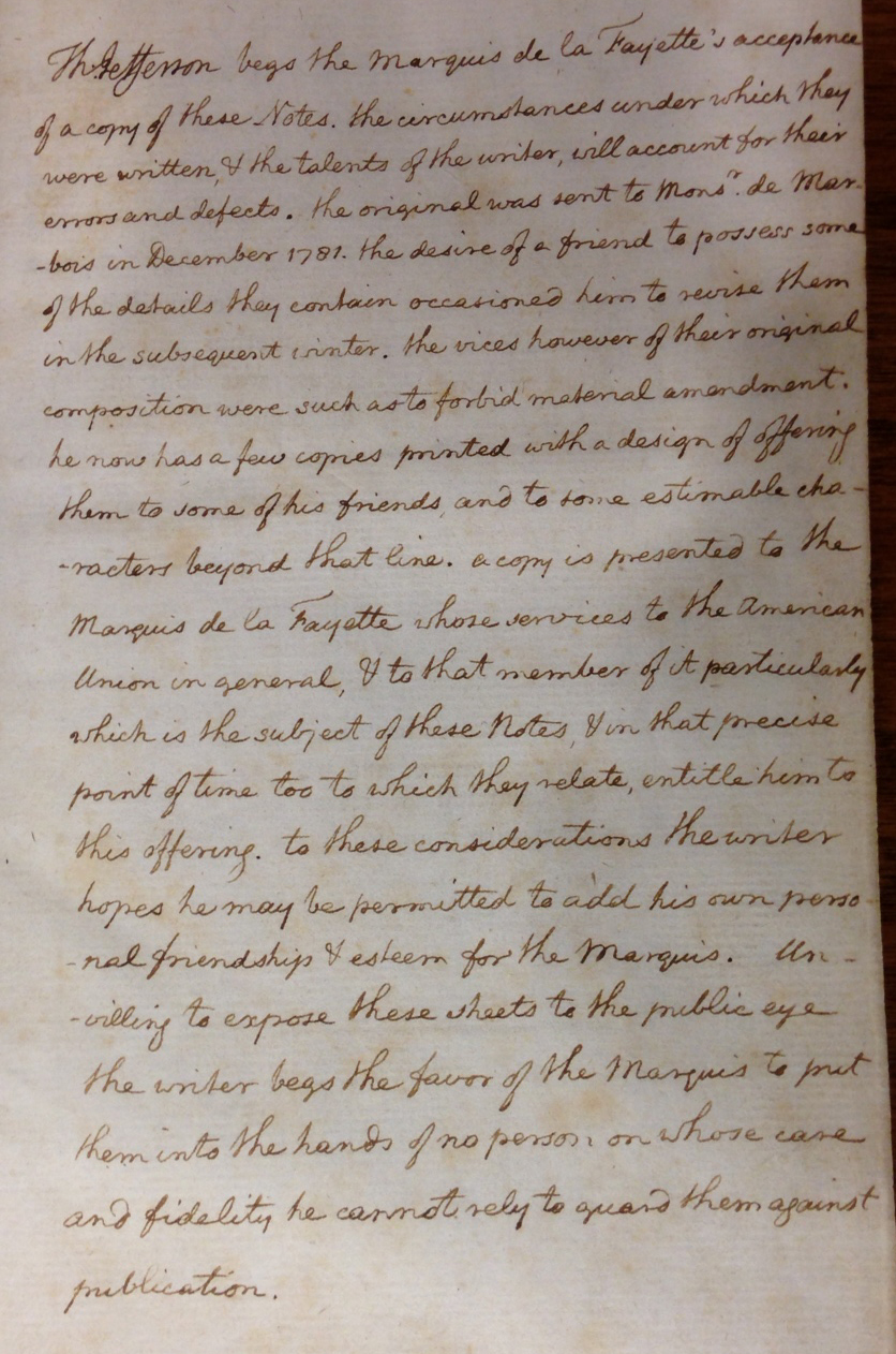 Jefferson's presentation inscription to Lafayette in the gift copy of Notes on the State of Virginia (Paris, 1784-1785).   (F230 .J4 1785; Gift of William Andrews Clark, Jr.)
