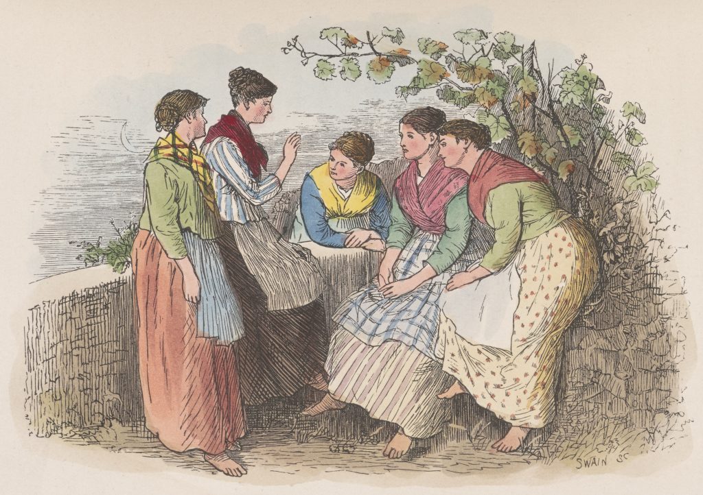 “Gossip” from Mrs Comyns Carr, North Italian Folk, Sketches of Town and Country Life, Illustrated by Randolph Caldecott (London, Chatto and Windus, 1878). Image by Digital Production Group.