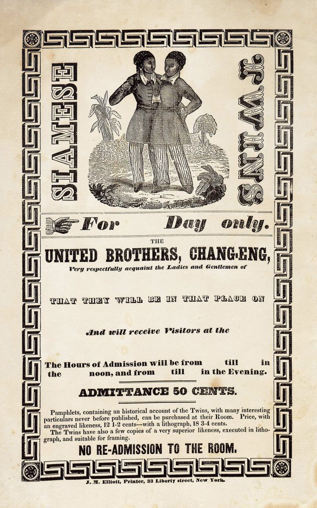 Siamese Twins for ... Day Only. New York: J. M. Elliott, Printer, n.d. (Broadside 870). This advertisement is for the famous Siamese twins Chang and Eng. They were a part of Barnum’s museum for a short six weeks. They exhibited themselves throughout much of their early life and were quite successful throughout the nineteenth century. In their later years they married and settled down in North Carolina on a plantation they owned. 