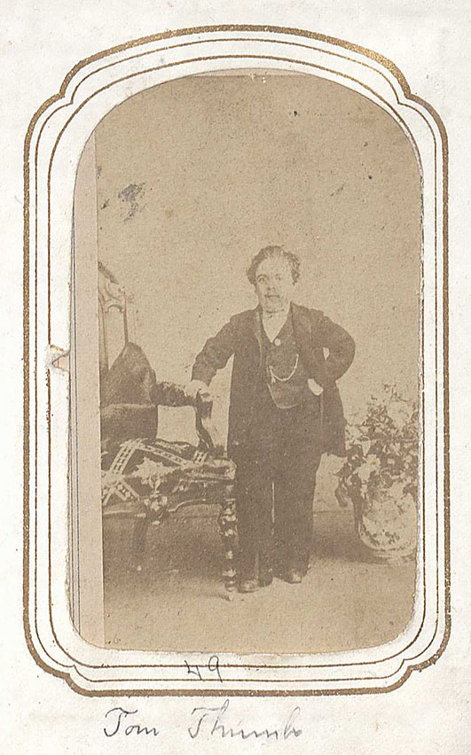 Carte de visite of Tom Thumb from the Photograph Album of Cullen and Graham Family. (MSS 14198). Here is an image of Tom Thumb, a dwarf or little person who was a very popular act in Barnum’s circus. Tom Thumb, originally Charles Stratton, was hired as a young boy to the circus. During his act Tom sang songs or dressed up like characters such as cupid or Napoleon Bonaparte. After his circus career Tom married a woman, who was a dwarf, and they lived quite comfortably. 