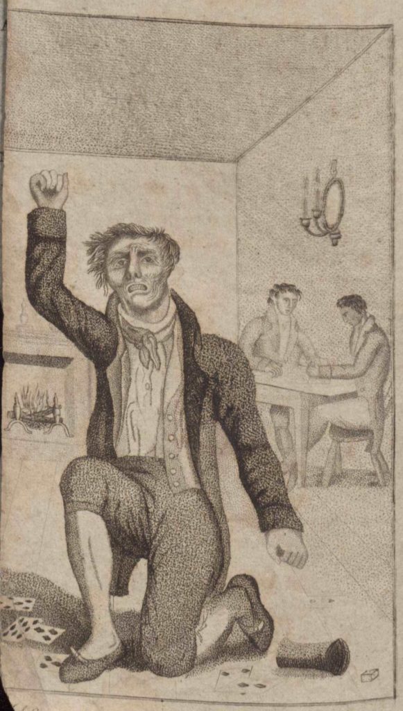 M.L. Weems. God’s revenge against gambling: Exemplified in the miserable lives and untimely deaths of a number of persons of both sexes, who had sacrificed their health, wealth, and honour, at gaming tables. Philadelphia, ca. 1822. (A1822.W43) Around 1822, the former rector of Mount Vernon Parish, M.L. Weems wrote about the deaths of more than six individuals, which he believed was the result of gambling. His book condemns an immoral generation of gamblers as sinners before God and criminals in society. Showing a measure of empathy, Weems seeks to dissuade innocent, young people, including his son for whom he addresses the book, from falling for this temptation at gaming tables. Past the frontispiece, which depicts a deformed man on bended knee cursing cards and dice, Weems writes, “I conjure my boy to shun the gambler’s accursed trade; for its, ‘way is the way to hell, going down in the chambers of death.” (Image by Petrina Jackson) 