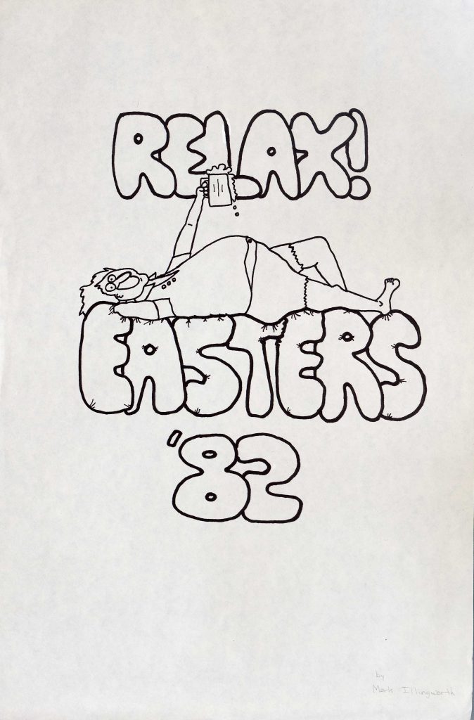 Mark Illingworth. Easters T-shirt Contest Entry, 1982. (RG-23/17/3.881) University of Virginia Archives The logo shown above is one of many entries for the Easters T-shirt Contest in 1982. Easters started as a formal dance in the late 19th century, but slowly transitioned into a massive party at the University of Virginia that reached its prime in the 1970s. During the 1970s, the Easters party took place on the rugby field beside Rugby Road, known as Mad Bowl. Thousands of students would file into the field and drink. All the surrounding fraternities would participate in the party and supply a large amount of the alcohol. Many of the logos for the t-shirt contest contain depictions of alcohol in some fashion. The winning entry, however, did not depict alcohol in the illustration. 