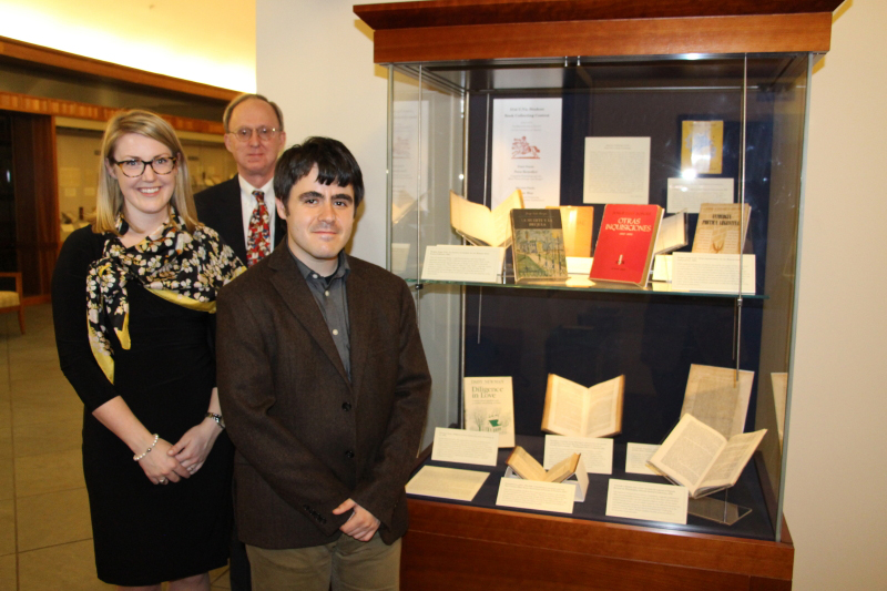 Winners of the 51st U.Va. Student Book Collecting Contest: Nora Benedict (at left) and Isaac May (at front), with contest judge David Whitesell. (Photo courtesy of David Vander Meulen)