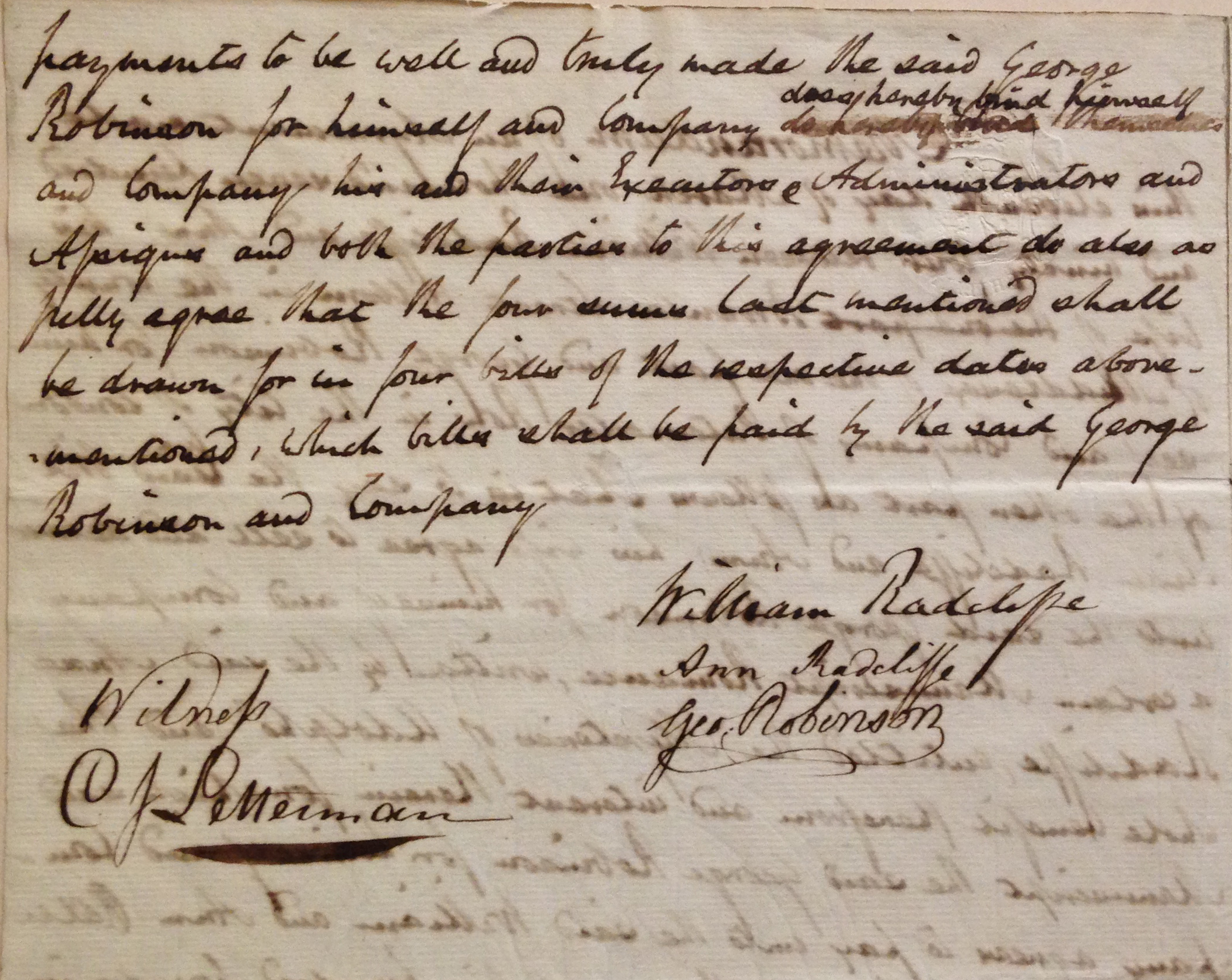 Original manuscript contract, signed by Ann Radcliffe, for her bestselling the Mysteries of Udolpho (London: G.G. and J. Robinson, 1794). Radcliffe's novel commanded the princely sum of 500 British pounds from publisher George Robinson. (MSS 1625)