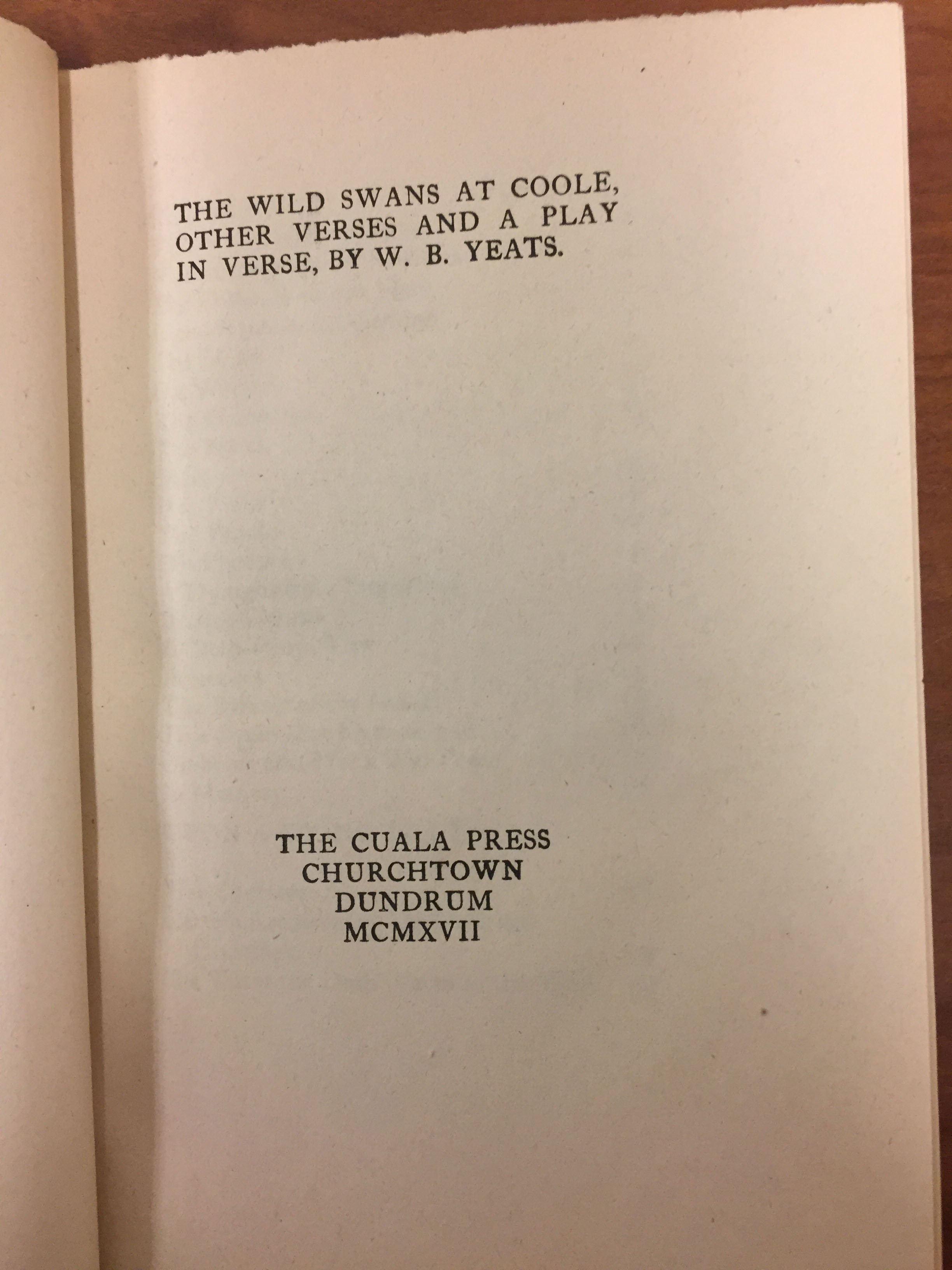 A typical Cuala Press title page. (PR5904 .W5 1917)