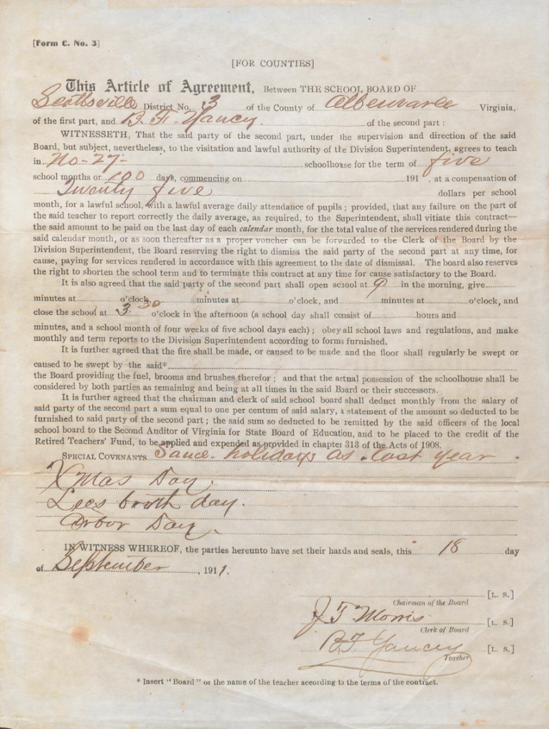 Benjamin F. Yancey's 1911 contract with Albemarle County for teaching