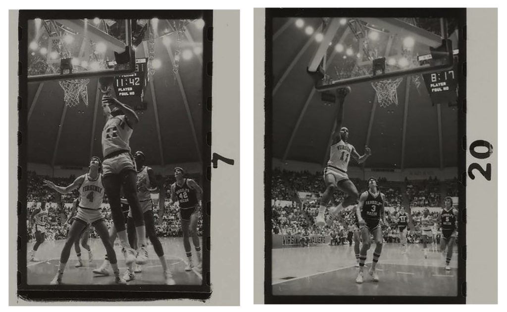 Black and white action shot photographs from contact sheet of Othell Wilson and Jim Miller shooting baskets in the game. 