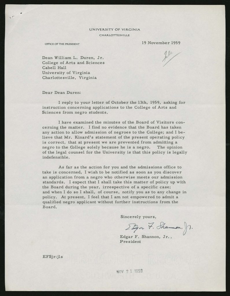 Typed letter from Edgar Shannon to Dean of the College of Arts and Sciences William Duren, November 19, 1959. 