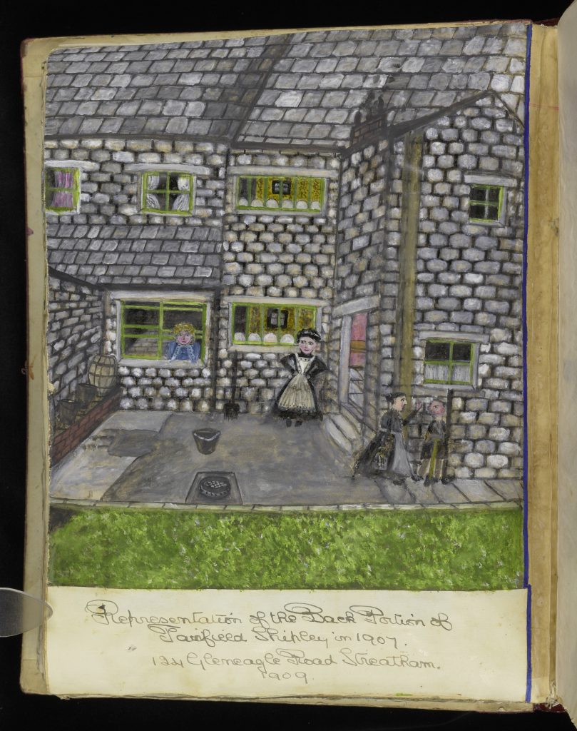 Drawing of stone or rock house from Streatham, England with inhabitants on the back porch.