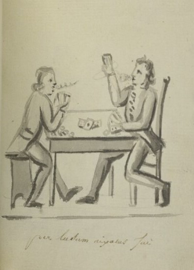 Sketch of two figures sitting at a table playing cards. 
